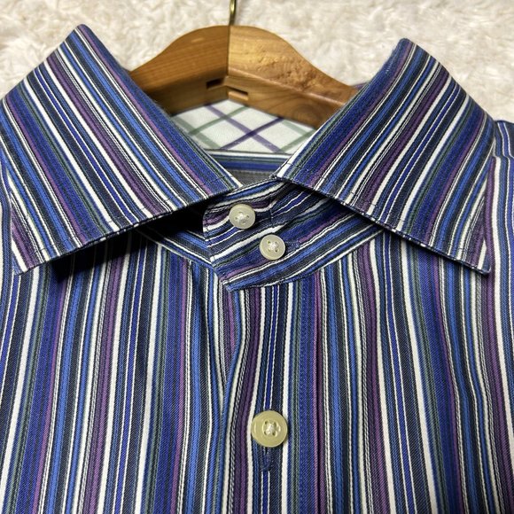 TD Thomas Dean Men's Button Down Purple Blue Striped Size XXL - Picture 2 of 9